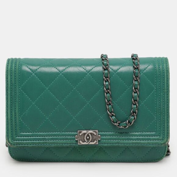 Chanel Handbags - Chanel Green Quilted Leather Boy Wallet On Chain